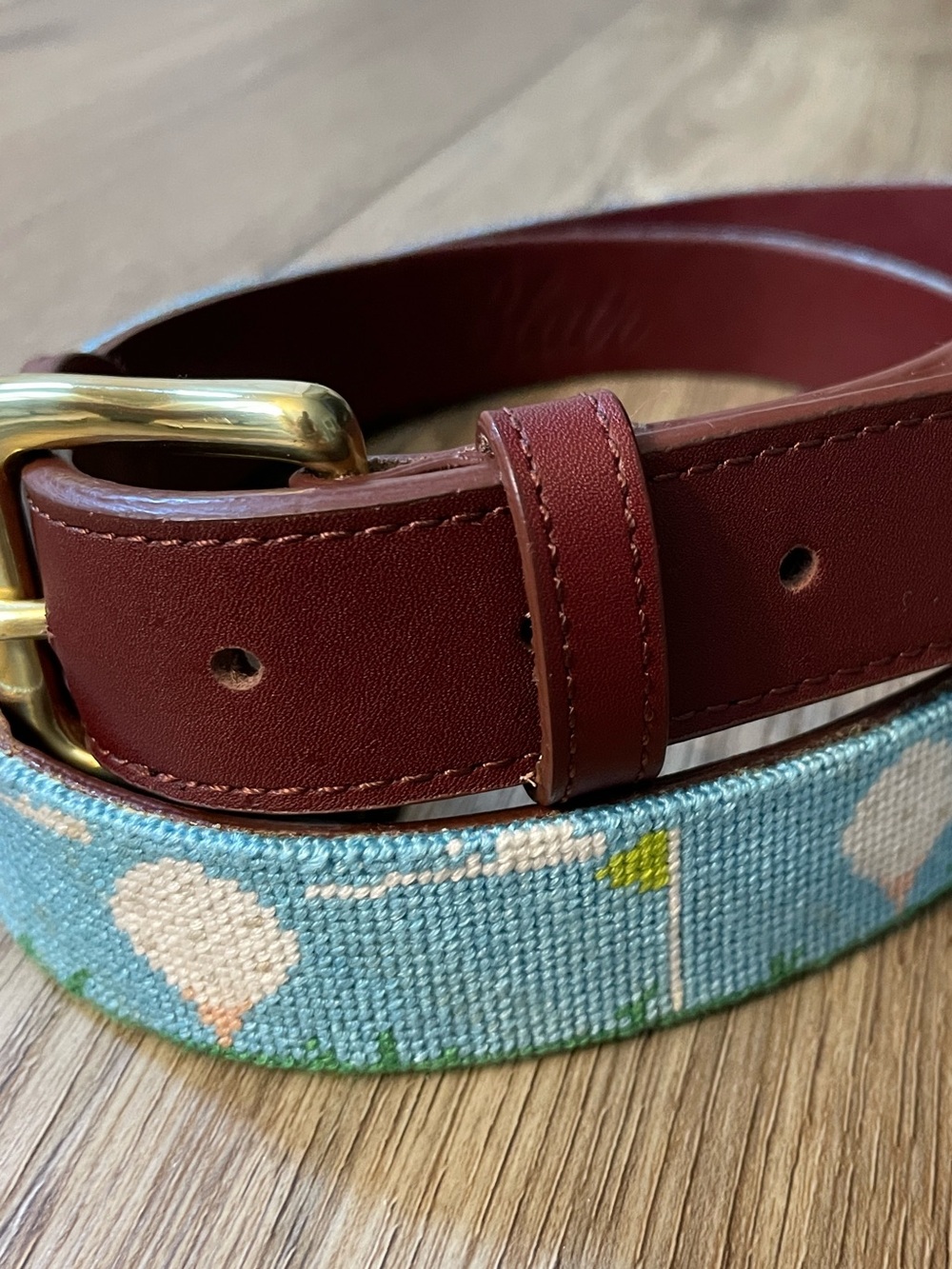 Tucker Blair Mens Golf Belt 42 Pale Blue Needlepoint Leather Tabs Brass Buckle